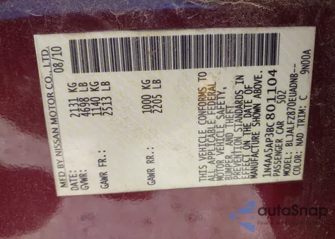 2011 Nissan Maxima 3.5 Sv from USA, damaged, VIN 1N4AA5AP3BC801104